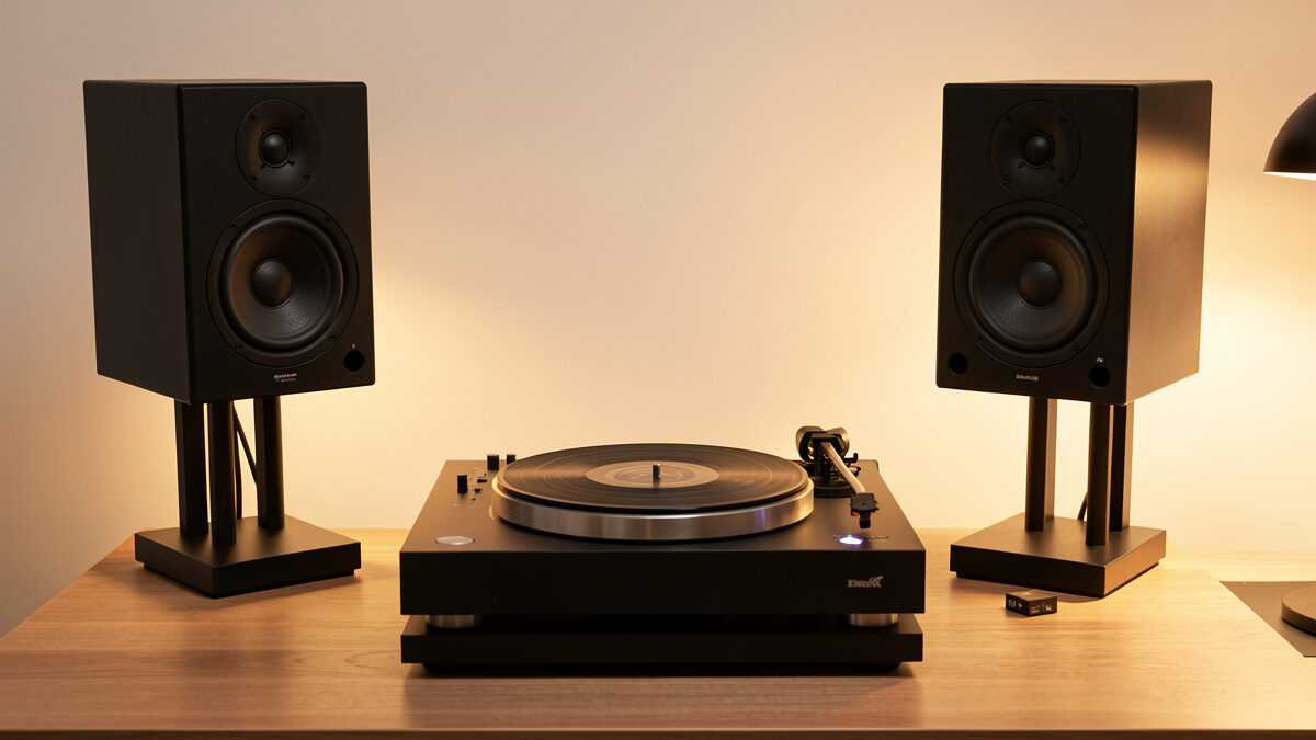 Turntable connected to powered studio monitors through an outboard phono preamp