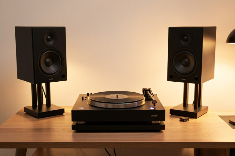 Turntable connected to powered studio monitors through an outboard phono preamp