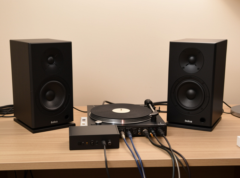 A turntable connected to a pair of active studio monitors on desk stands via a small phono preamp