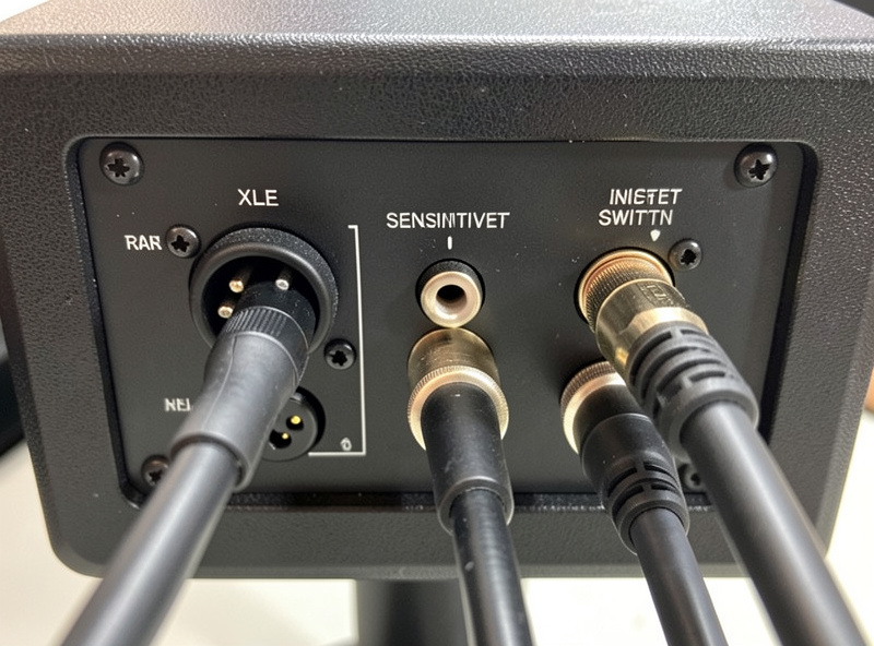 Rear panel of a studio monitor showing XLR and RCA line inputs with cables connected