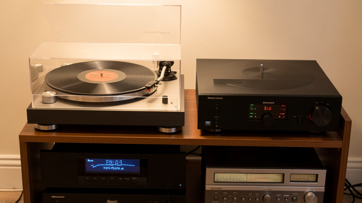 A turntable and a network streamer feeding the same hi-fi amplifier and speakers