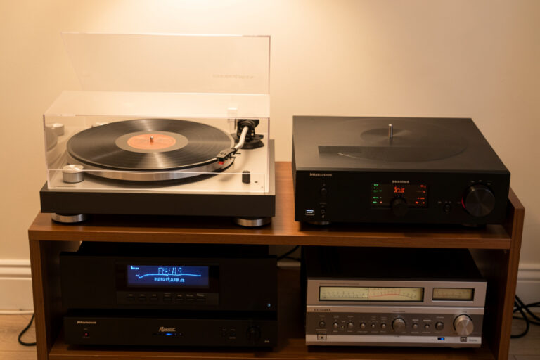 A turntable and a network streamer feeding the same hi-fi amplifier and speakers