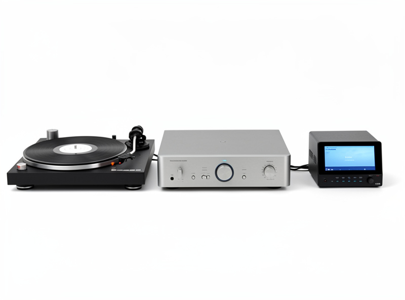 A turntable and a network streamer side by side feeding the same amplifier and speakers