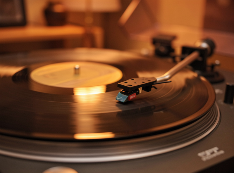 Close-up of a record spinning on a turntable platter next to a streaming endpoint display