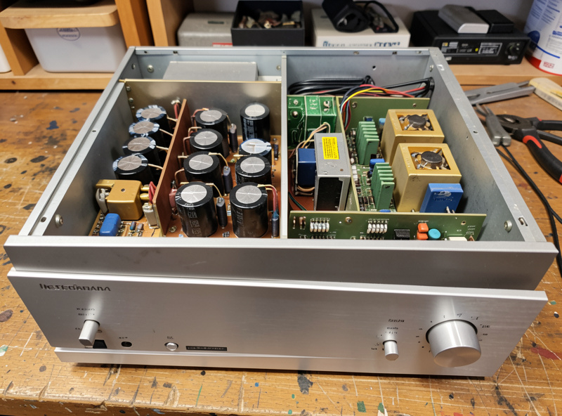 A used integrated amplifier on a bench with the top cover removed, showing the power supply capacitors and amplifier boards