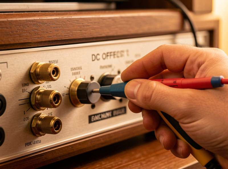 A hand using a multimeter to measure DC offset at the speaker binding posts of a used amplifier