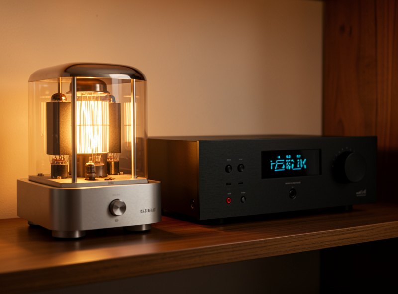 A vintage silver tube amplifier glowing next to a modern solid-state integrated amplifier on a shelf